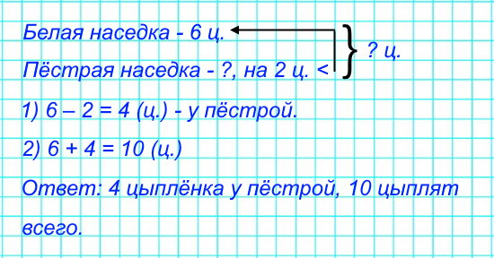 У белой наседки 6 цыплят, а у пёстрой — на 2 цыплёнка меньше. Сколько цыплят у пёстрой наседки? Сколько всего цыплят у двух наседок?