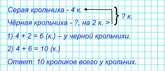 У серой крольчихи 4 кролика, а у чёрной — на 2 кролика больше. Сколько всего кроликов у этих крольчих?