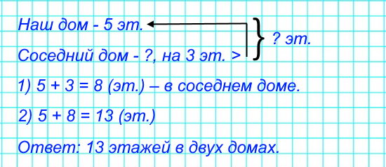 В нашем доме 5 этажей, а в соседнем — на 3 этажа больше. Узнай, сколько этажей в этих двух домах.