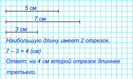 Начерти отрезок длиной 5 см. Начерти ещё 2 отрезка: один на 2 см длиннее первого, а второй – на 2 см короче первого отрезка.