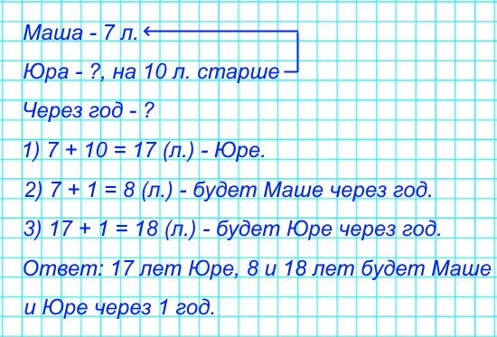 Маше 7 лет, а ее брат Юра на 10 лет старше. Сколько лет Юре? Сколько лет будет Маше и Юре через 1 год?
